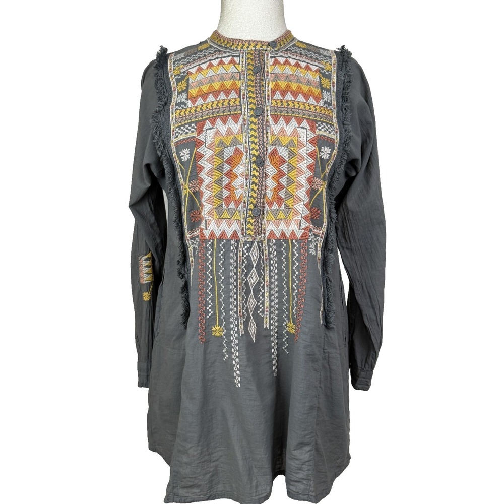 Johnny Was Biya Dress Womens S Gray Embroidered Geometric Shift Tunic Boho